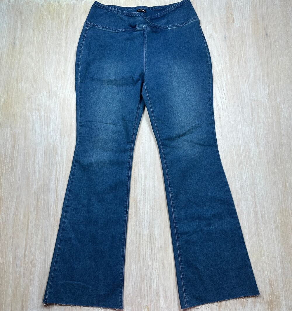 Flamingals Crossover V Waist Stretch Flare Bell Bottom Raw Hem Blue Jeans 2XL